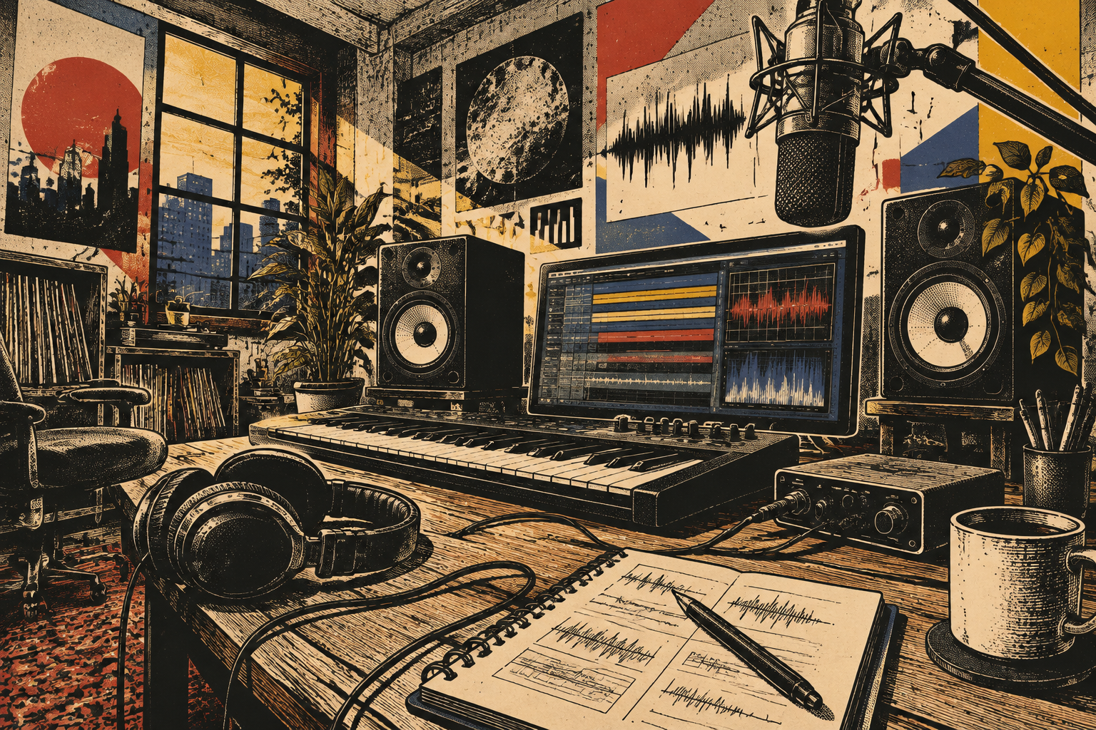 Original inked poster illustration of a music production workspace